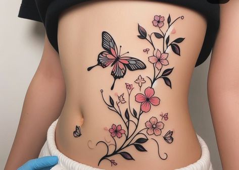 Butterfly With Flowers Tattoo For Women, Butterfly Tattoo Stencil, Butterfly Tattoos On Arm, Cute Thigh Tattoos, Stomach Tattoos Women, Hand And Finger Tattoos, Beautiful Tattoos For Women, Pretty Hand Tattoos, Small Pretty Tattoos