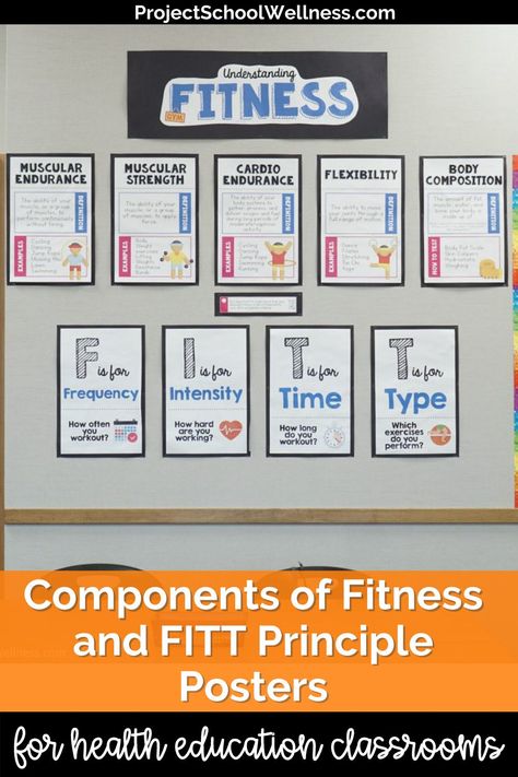 Components of Fitness Posters for your health education or physical education classroom! Teach students about the different components of fitness and the FITT principles. Use for stations, as classroom decor, or as a bulletin board display! This set also includes FITT Principle Posters! #healthclassroom #physicaleducation Exercise Bulletin Board, Pe Bulletin Boards Middle School, High School Health Classroom, Pe Bulletin Boards Elementary, Components Of Fitness, Health Classroom, Physical Education Bulletin Boards, Pe Bulletin Boards, Fitness Posters