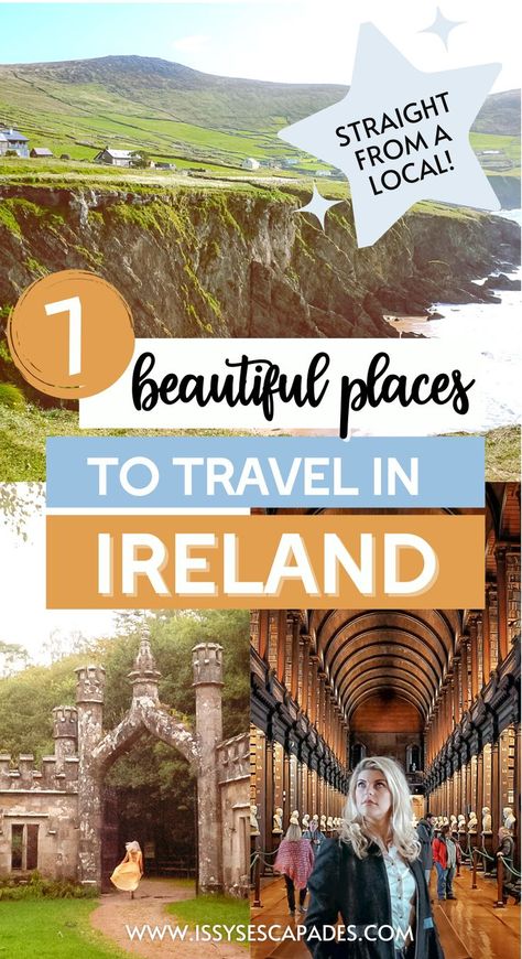 beautiful places to travel in ireland pin cover, shoing imageof rugged sea cliffs with green fields and stone walls overlooking a golden beach, blonde girl in long yellow dress running towards a castle arch and blonde girl looking upwards at the wooden vaulted ceiling in the trinity library in dublin Travel In Ireland, Ireland Travel Tips, Ireland Places To Visit, Backpacking Ireland, Ireland Weather, Ireland Hotels, Cultural Travel, Travel Ireland, Ireland Travel Guide