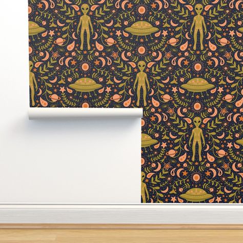 Folk Art Alien in Olive Green & Peach custom wallpaper by somecallmebeth for sale on Spoonflower Bohemian Print Wallpaper, Board Batten Wallpaper Bathroom, Wallpaper Hall Closet, Peel And Stick Wallpaper In Bedroom, Peel And Stick Wallpaper Mudroom, Wallpaper Uses Home Decor, Inside Cabinet Wallpaper, Maximalist Decor Wallpaper, Unique Bathroom Walls