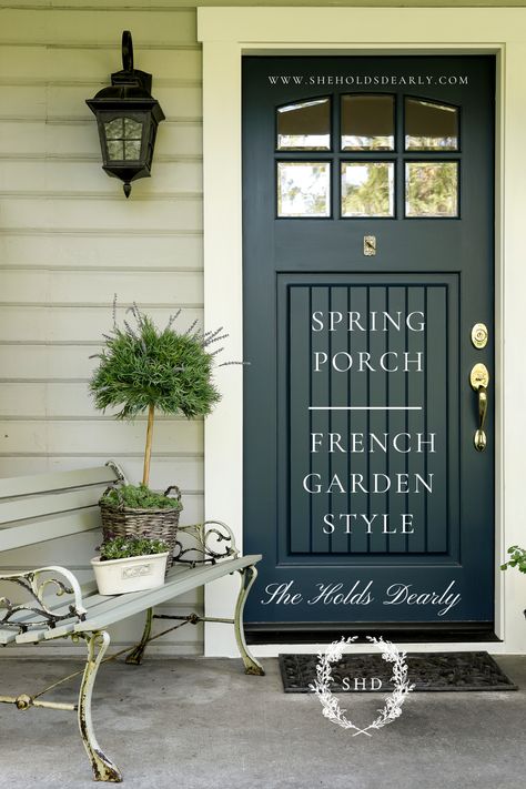 Would you like to create a French Kitchen Garden Inspired Front Porch with your Spring Decorating This year! Let me help you with these ide French Country Front Door, French Kitchen Garden, French Country Porch, Garden Front Porch, She Holds Dearly, House Color Ideas, French Front Doors, French Country Front Porch, Front Verandah