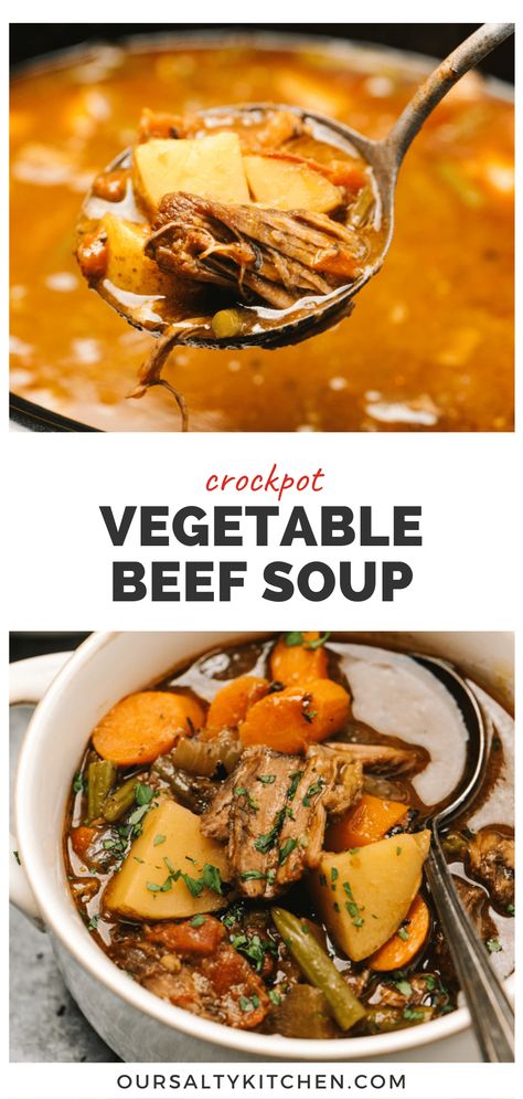 Crockpot vegetable beef soup is one of our favorite transitional dinner recipes from winter to spring. It's an easy and healthy meal with lots of flavor and flexibility. Beef and vegetable soup needs to cook low and slow, so the slow cooker is the perfect hack for a well seasoned soup with tender shreds of chuck roast and a medley of tender garden vegetables. Sear the beef before adding to your crockpot to create big, bold flavor with minimal extra effort. Crockpot Beef And Vegetable Soup, Soups With Chuck Roast, Beef Soup Meat Recipes, Beef Chunk Soup, Vegetable Beef Soup With Roast, Crock Pot Beef Veggie Soup, Pot Roast Vegetable Soup, Crockpot Beef Vegetable Soup Slow Cooker, Shredded Beef Vegetable Soup