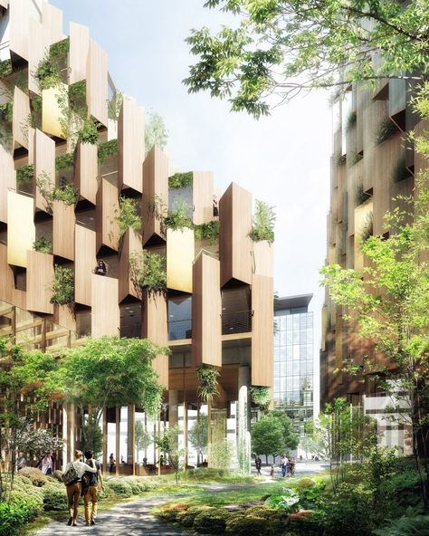 Parking Plan, Hotel Design Architecture, Eco House Design, Hotel Facade, Eco Buildings, Wooden Facade, Green Facade, Eco Hotel, Kengo Kuma