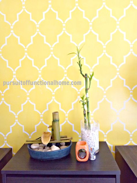 Update: Sophia Trellis Wall Stencil Pattern http://pursuitoffunctionalhome.com/2016/08/update-sophia-trellis-wall-stencil-pattern.html Wall Texture Design Bedrooms, Trellis Stencil, Trellis Wall Stencil, Trellis Wall, Yellow Accent Walls, Moroccan Wall Stencils, Garage Entryway, Yellow Wall Decor, Entryway Makeover