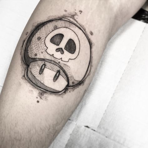 Matching Nintendo Tattoos, Cartoons Tattoo Design, Gaming Flash Tattoo, Goomba Tattoo, Mario Mushroom Tattoo, Animation Tattoo, Super Mario Tattoo Ideas, Geek Tattoos, Nintendo Tattoo Ideas