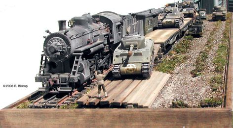 ModelCrafters WWII U.S. Army Dioramas • 71" Mainline & Siding with End Ramp • Forward area rail head | by modelcrafters@yahoo.com Station Service, Sherman Tank, Ho Trains, Model Tanks, Military Modelling, Model Hobbies, Military Diorama, Rolling Stock, Model Train Layouts