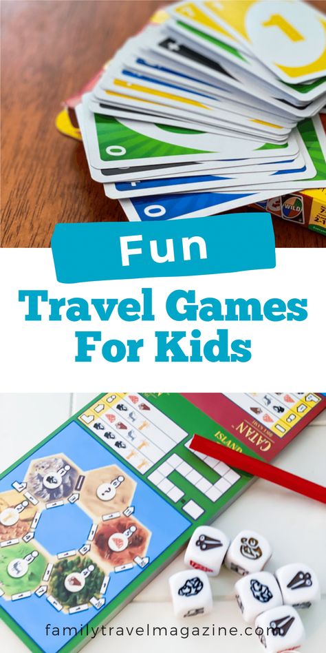 For plane or train trips, you'll want to have some more compact games to tuck into your carry-on bag. Here are some of our favorite travel games for kids - including links for where you can purchase them. Airplane Kids Activities, Travel Activities For Kids Airplane, Travel Games For Kids, Fun Car Games, Airplane Games, Airplane Kids, Kids Travel Activities, Kid Friendly Vacations, Uno Cards