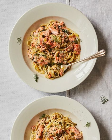 Creamy trout and caper linguine Smoked Trout Pasta, Trout Pasta, Creamy Caper Sauce, Delicious Magazine Recipes, Smoked Trout Recipe, Salmon Pasta Recipes, Summer Pasta Recipes, Caper Sauce, Sea Trout