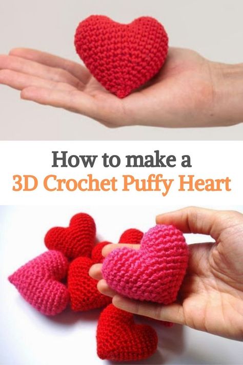 Crochet Puff Stitch Heart Pattern, Crochet Puff Heart Pattern, How To Crochet Hearts For Beginners, Crochet Puffy Hearts Free Pattern, Heart Shape Crochet Pattern, Crochet Heart Plush Pattern, Crochet Heart Plush Pattern Free, Stuffed Heart Crochet Pattern, Crochet Heart Ornament