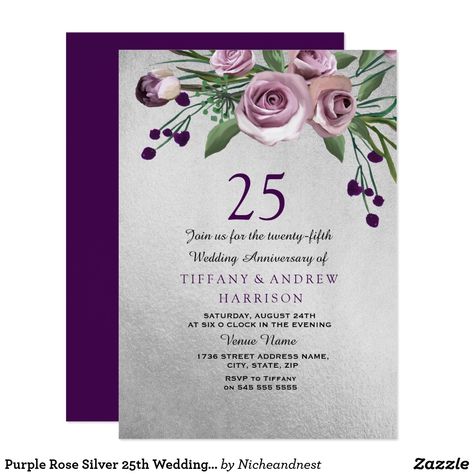 Purple Rose Silver 25th Wedding Anniversary Invite Wedding Renewal Invitations, Anniversary Invite, Silver Wedding Theme, Rose Gold Wedding Invitations, Wedding Renewal Vows, Purple Theme, Silver Theme, Silver Wedding Anniversary, Wedding Anniversary Invitations