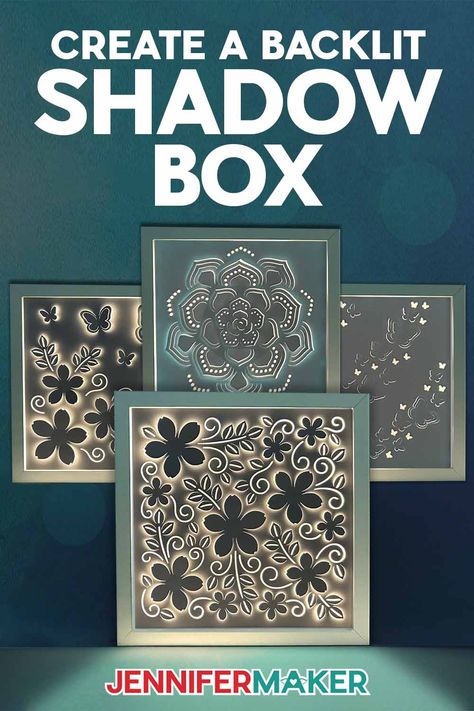 Create a Backlit Shadow Box with JenniferMaker's tutorial! Four backlit shadow boxes glow in from inside square white frames, each with succulent, flower, and butterfly designs. Diy Backdrop Stand, Diy Gutters, Craft Organization Diy, Paper Flower Wall Art, Diy Sharpie Mug, Door Mat Diy, Diy Shadow Box, Cricut Christmas Ideas, Christmas Shadow Boxes