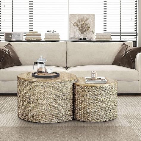 Organic Modern Side Table, Rustic Round Coffee Table, Round Coffee Table With Storage, Small Round Coffee Table, Taupe Bedroom, Coffee Table Set Of 2, Round Coffee Table Sets, Rattan Weaving, Minimalist Coffee Table