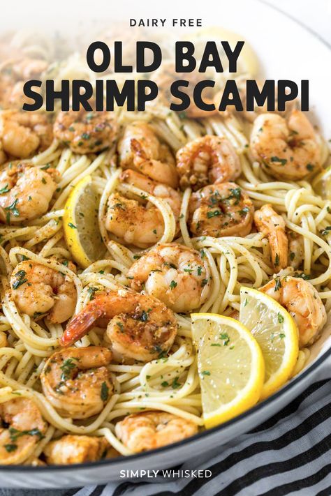 Shrimp Scampi Pasta | This easy recipe is made with a garlic, white wine, and Old Bay seasoning for a slightly spicy and really flavorful sauce that’s so much better than anything you’ll get at a restaurant. Plus, it’s made with no butter so it’s naturally dairy free. Serve with zoodles or spaghetti squash for a healthy, low carb option. #dairyfree #shrimp Shrimp Scampi Pasta Recipes, Old Bay Shrimp, Shrimp Pasta Recipes Easy, Pasta Seasoning, Shrimp Scampi Pasta, Scampi Pasta, Dill Recipes, Dairy Free Pasta, Easy Pasta Salad Recipe