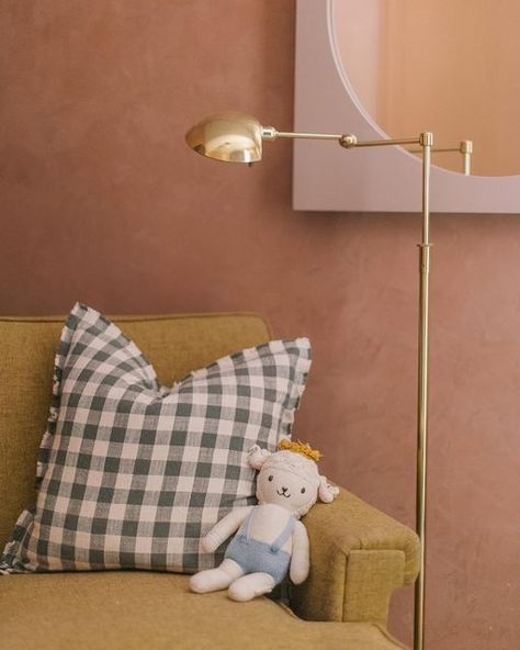 Claire Brody on Instagram: "I do love a kid’s room 💗
Photographed by @jennamcelroystudio" Mustard Yellow Chair, Checkered Pillow, Gold Floor, Yellow Chair, Blue Overalls, Gold Floor Lamp, Eclectic Bedroom, Pastel Decor, Rectangular Mirror