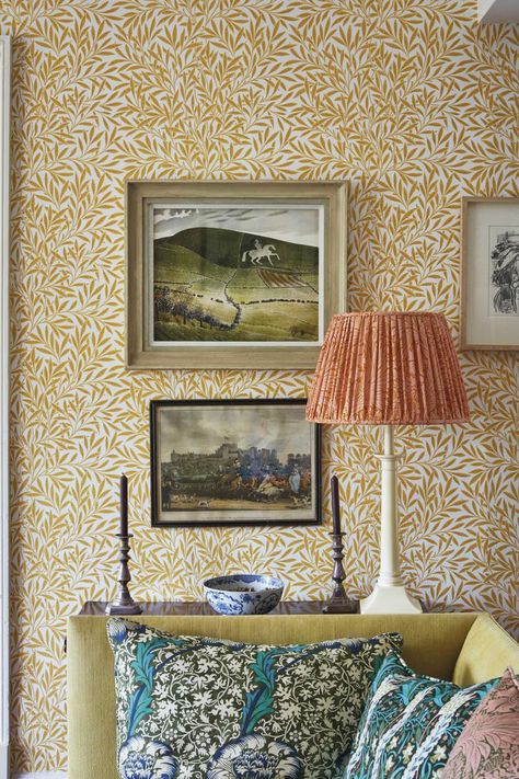 The early nineteenth-century home is also a canvas for Ben Pentreath’s latest project, a wallpaper and fabric collaboration with heritage design brand Morris & Co. that introduces 18 new patterns in each medium. #wallpaper #home #interiordesign #hometour #homeinspo #englishhome #fabrics #historichome #house #elledecor Willow Wallpaper, William Morris Wallpaper, Morris Wallpapers, Painter And Decorator, Wallpaper Direct, Design Del Prodotto, Yellow Wallpaper, Leaf Wallpaper, Room Wallpaper