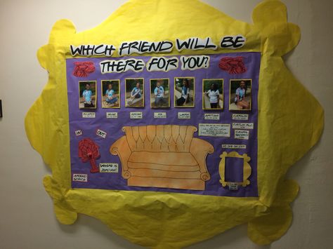 FRIENDS themed 'Who's On Duty' board! Move the frame over the picture. Also features the famous couch and lobsters! Friends Bulletin Board, Ra Decorations, Resident Assistant Bulletin Boards, Friends Decor, Time Management College Student, Dorm Themes, College Bulletin Boards, Interactive Bulletin Boards, Pta Ideas