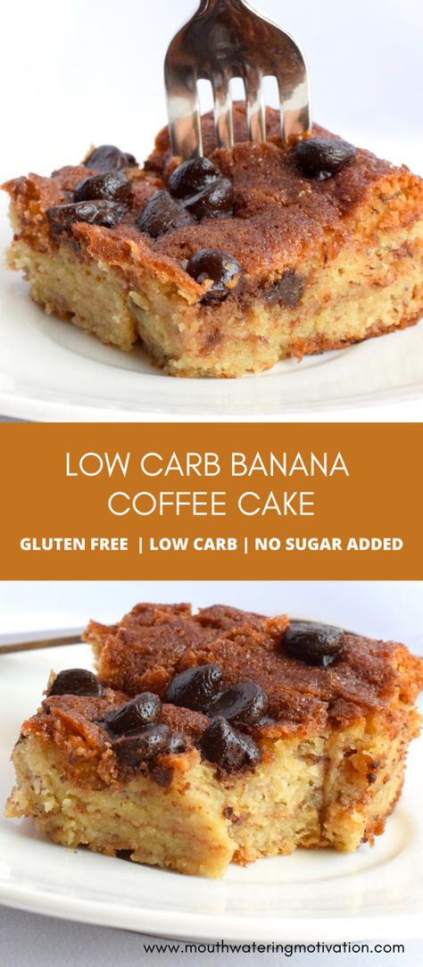 Low Carb Banana Coffee Cake. Soft delicious banana cake layered with cinnamon and “sugar” and chocolate chips. Serve warm with a cup of coffee. This keto dessert or low carb breakfast is absolutely amazing! #ketocoffeecake #lowcarbcoffeecake #ketobananacake #ketobananabread #ketoalmondflourcoffeecake Keto Dessert With Bananas, Banana Keto Dessert, Low Carb Banana Desserts, Keto Banana Recipes Low Carb, Low Carb Banana Cake, Low Carb Recipes With Bananas, Keto Banana Cake Recipes, Banana Low Carb Recipes, Banana Recipes Keto