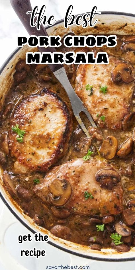 Pork chop Marsala is an Italian-inspired meal that combines juicy pork chops with a savory mushroom and Italian wine sauce with so much flavor! This is a flexible recipe that you can make with either bone-in or boneless pork chops. The delicious mushroom sauce is so good, you’ll want to dish up extra! Pork Marsala Recipe, Pork Chops With Mushroom Sauce, Pork With Mushroom Sauce, Pork Italian Recipes, Fall Pork Chops, Bone Pork Chop Recipes, Pork Chops And Mushrooms, Bone In Pork Chop Recipes, Bone In Pork Chop Recipe