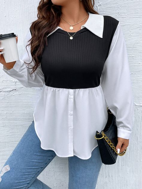 Black and White Casual Collar Long Sleeve Fabric Colorblock  Embellished Slight Stretch Spring/Fall Plus Size Tops Cotton Peplum Top, Peplum Tops, Plus Size Beauty, Wardrobe Ideas, White Casual, Women Tops, Plus Size Tops, Plus Clothing, Pure Cotton