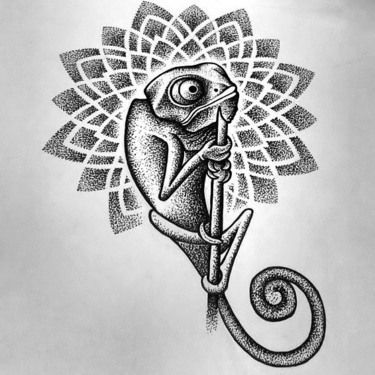 Chameleon Tattoo Design, Dotwork Tattoo Mandala, Tattoos Sketches, Pointillism Tattoo, Chameleon Tattoo, Pattern Tattoos, Lizard Tattoo, Stippling Art, Flower Drawing Tutorials