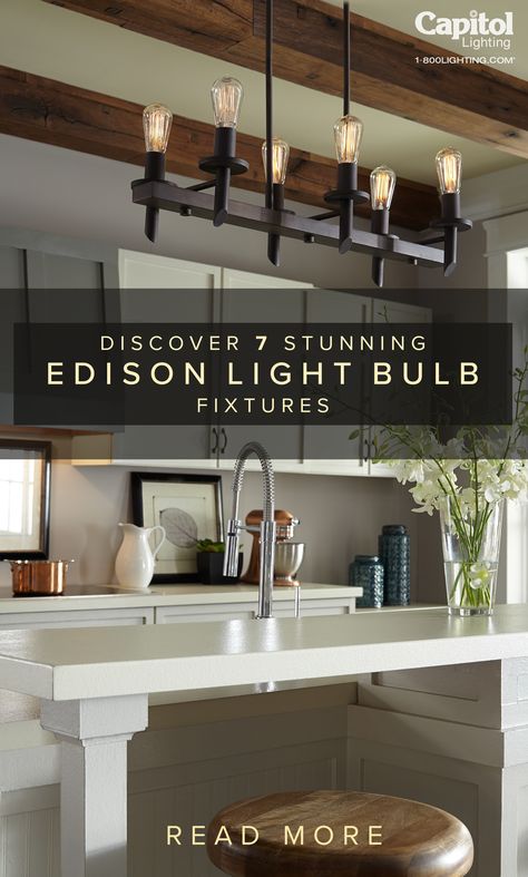 7 stunning fixtures, featuring the vintage Edison light bulb. Edison Bulb Lighting, Edison Bulb Light Fixtures, Fixer Upper Home, Filament Bulb Lighting, Edison Lighting, Room Of One's Own, Fireplace Decor, Fixer Upper, Edison Light Bulbs