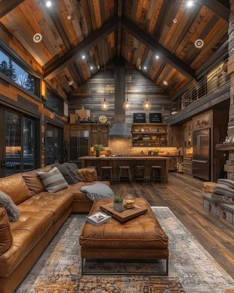 Living Room With Open Kitchen, Beautiful Houses Exterior, Creative Bathroom Design, Neutral Bedroom Design, Utility Room Designs, Log Cabin Living, Log Cabin Interior, Modern Rustic Living Room, Mudroom Design