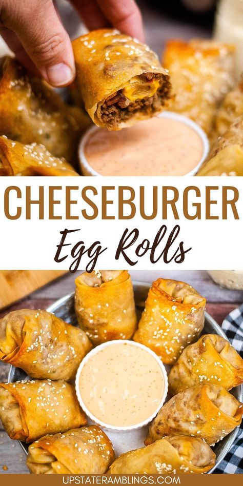 cheeseburger egg rolls Cheeseburger Wontons, Egg Roll Dipping Sauce, Egg Roll Sauce, Taco Egg Rolls, Cheeseburger Egg Rolls, Special Sauce Recipe, Creamy Dipping Sauce, Cheese Dipping Sauce, Egg Roll Filling