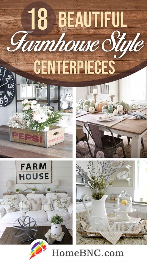 Centerpieces are one of those finishing touches that demonstrate your style to family and friends. These farmhouse style centerpieces will tell the world that you love the combination of vintage and rustic. Let your imagination run wild with these ideas so that you can showcase your own farmhouse style. How To Decorate A Farmhouse Table, Centerpiece For Farmhouse Table, Rustic Farmhouse Table Decor, Country Farmhouse Table Decor, Diy Farmhouse Centerpiece For Table, Country Centerpieces For Kitchen Table, Farm Table Decor Ideas, Farmhouse Centerpieces For Kitchen Table, Farmhouse Dining Room Centerpiece Ideas