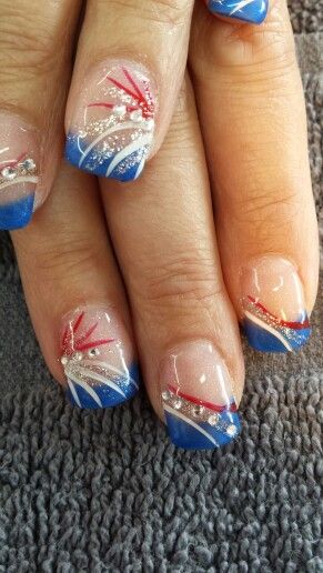 Anc Nails Ideas, Firecracker Nails, Nails Patriotic, July Birthday Nails, Patriotic Nails Design Memorial Day, Memorial Day Gel Nail Designs, 4th Of July Gel Nail Designs, Anc Nails, French Fourth Of July Nails