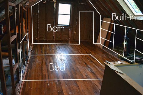 Attic Master Suite, Small Attic Renovation, Attic Renovation Ideas, Attic Ideas, Built In Bath, Attic Playroom, Attic Loft, Small Attic, Attic Conversion