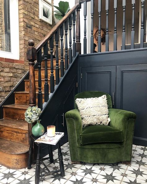 Dark Staircase, House Staircase, House Essentials, Dark Walls, Green With Envy, Velvet Chair, Vintage Interiors, Vintage Interior, Boho Living