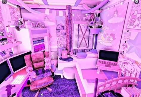 Bloxburg Y2k House, Gaming Set Up Bedroom, Bloxburg Pink Bedroom, Bloxburg Pink House, Pink Bloxburg House, Teen Bedroom Layout, Roblox Decor, Cyberpunk Bedroom, Bedroom Gamer