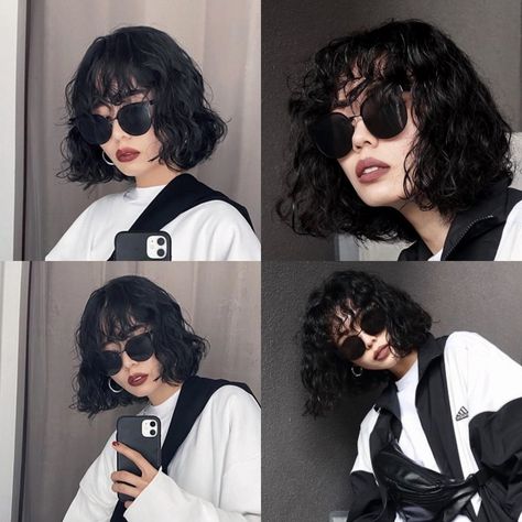 Japanese Curly Short Hair, Short Hair Perm With Bangs, Short Curly Permed Hair, Curly Short Hair Korean, 2b Haircut Short, Short Hair Perm, Curly Asian Hair, Bob Perm, Sleek Short Hair