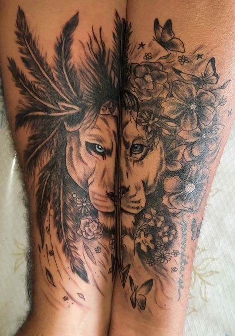 Matching Tattoos Couples Lion And Lioness, Matching Tattoos Couples Lions, Couples Leg Tattoos, Wrist Matching Tattoos For Couples, Indian Couple Tattoos, Couple Tattoos Half And Half, Lion Matching Tattoos, Large Couple Tattoos, Lions Couple Tattoo