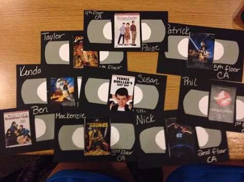 80's movies VHS door decs! Movie Door Decs, Resident Assistant Door Decs, Ra Decorations, Ra Door Tags, College Movies, Classroom Prep, Ra Door Decs, Ra Themes, 80's Movies