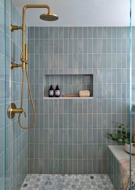 Unveiling the Ultimate Finished Basement for Comfort and Entertainment Sage Green Bathroom Tiles, Green Bathroom Tiles, Sage Green Bathroom, Master Shower Tile, Classic Modern Interior, Blue Shower Tile, Blue Bathroom Tile, Master Shower, Bad Inspiration