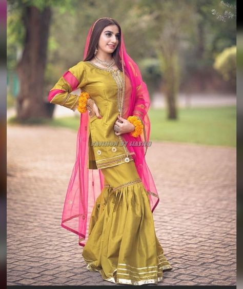 For More Designs Click on our YouTube link...? Shrara Grara Design, 2023 Mehndi, Garara Design, Shadi Pic, Yellow Bride, Silk Kameez, Functional Dress, Mehndi New, Girls Boutique Dresses