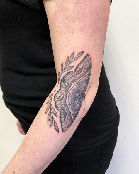 Moth Elbow Bend Tattoo, Black Witch Moth Tattoo, Witch Moth Tattoo, Moth Elbow Tattoo, Moth Tattoo Placement, Black Witch Moth, Witch Moth, Elbow Tattoos, Moth Tattoo