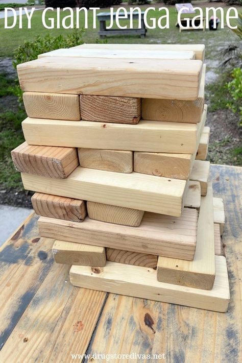 DIY Giant Jenga Game Tutorial | Drugstore Divas Diy Jumbo Jenga, Yard Jenga Diy, Jenga Table, Giant Jenga Diy, Large Jenga, Yard Jenga, Diy Jenga, Jenga Diy, Giant Jenga Game