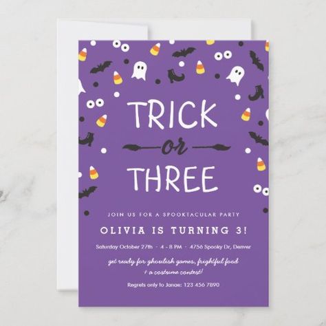 $2.95 | Trick or Three Halloween 3rd Birthday Invitation - party, girls, kids, fun, trick or treat, trick or three, 3rd, third birthday, boys 3rd birthday, girls 3rd birthday Kids Halloween Birthday Party, Halloween Invitations Kids, Halloween Birthday Party Invitations, Costume Party Invitations, Kids Halloween Party, Halloween Birthday Invitations, Halloween Birthday Party, Halloween Spooktacular, Purple Halloween