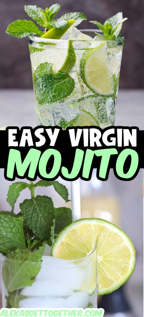 This light and refreshing Virgin Mojito Mocktail is sure to be a new favorite summer drink. Made without alcohol, you only need 4 simple ingredients and less than 5 minutes to mix it up. Whether you make a single glass or a whole pitcher, this mocktail is sure to be a winner with both kids and adults! Healthy Mojito Recipe, Virgin Mojito Recipe, Mojito Recipe Pitcher, Winter Mocktails, Mojito Pitcher, Mojito Mix, Non Alcoholic Mojito, Nonalcoholic Party Drinks, Christmas Mocktails