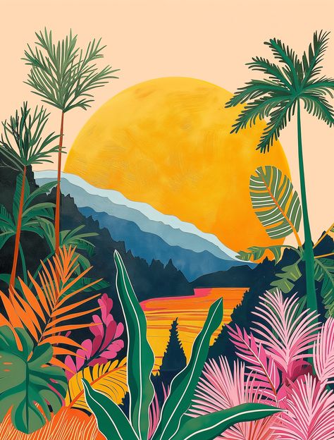 ✨🎨Discover Premium Midjourney Prompts - Click Link in my Bio🤩🔗 Tropical Illustration Art, Pop Art Nature, Palms Illustration, Tropical Leaves Painting, Palm Trees Illustration, Color Markers Art, Tropical Mural, Tropical Beach Painting, Paradise Art