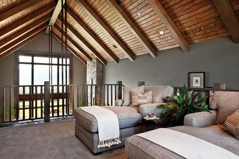 Upstairs Loft Space with Chaise Lounges                                                                                                                                                     More Loft Den Ideas, Open Loft Ideas Upstairs Bedroom, Cabin Loft Ideas Upstairs, Loft Rooms Upstairs, Decorating A Loft Space, Upstairs Loft Ideas Living Areas Cozy, Farmhouse Loft Ideas Upstairs, Loft Addition Ideas, Large Loft Ideas Upstairs