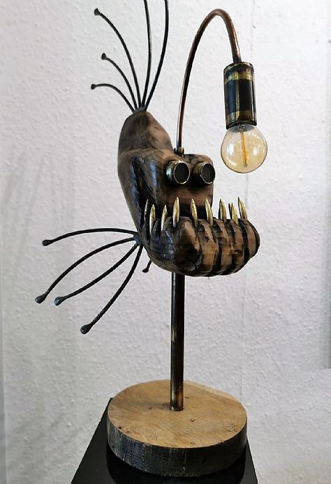 Angler Fish Lamp, Steampunk Aquarium, Angler Fish Sculpture, Steampunk Fish Lamp, Black Pipe Fisherman Lamp, Fish Lamp, Angler Fish, Fishing Diy, Powerful Art