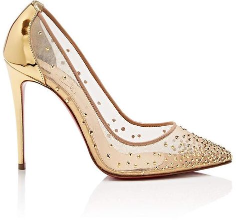 Christian Louboutin Women's Follies StrassTM Mesh & Leather Pumps - Gold pumps with crystals - Love these Louboutins to the moon and back!!! #cinderella #louboutin Louboutin Wedding Heels, Gold Pumps Heels, Cinderella Heels, Christian Louboutin Wedding, Christian Louboutin Shoes Outfit, Christian Louboutin Outfits, Christian Louboutin Sneakers, Louis Vuitton Shoes Heels, Louboutin Bags