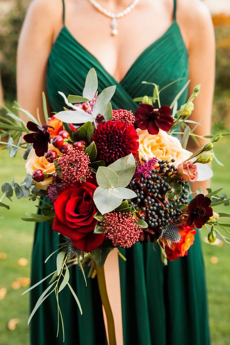 Rustic autumn wedding bridesmaids bouquet red orange burgundy navy green berries Autumn Wedding Bridesmaids, Green And Burgundy Wedding, Rustic Autumn Wedding, Wedding Bridesmaid Bouquets, Fall Wedding Bridesmaids, Berry Wedding, Fall Bridesmaids, Bridesmaids Bouquet, Rustic Autumn