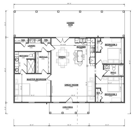 3 Bedroom Open Floor Plan, 30 X 50 House Plans, 50x30 House Plans, Rectangular 3 Bedroom House Plans, Loft Plans Layout, 40x30 House Plans, Building Dream Home, Steel Building Homes Floor Plans, 30 X 40 House Plans Open Floor