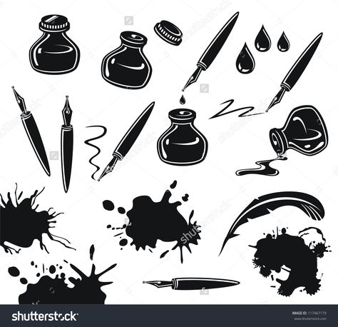 Ink Pot Drawing, Quill Pen Tattoo, Tattooing Machines, School File, Tattoo Oil, Photoshop Shortcut, File Cover, Ink Pot, Archangel Tattoo