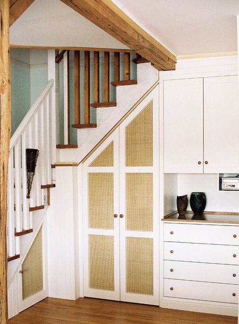 Under Stair Closet and Build in Cabinets: white paint, cherry wood top and knobs, woven cane door panels. Under Stair Closet, Door Under Stairs, Cabinet Under Stairs, Closet Under Stairs, Under Stair, Cane Door, Bedroom Built Ins, Closet Cabinet, Stairs Ideas