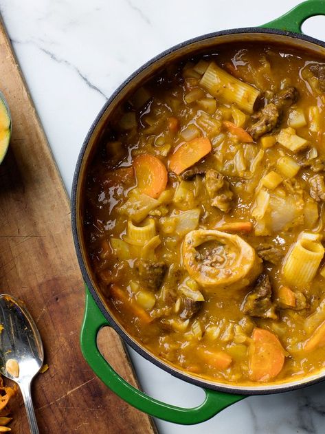 Soup Joumou (Haitian Beef and Pumpkin Soup) Recipe | Epicurious Haitian Soup, Soup Joumou, New Orleans Recipes, Pumpkin Soup Recipe, Soup Dish, Haitian Food Recipes, Louisiana Recipes, Marinated Beef, Beef Stew Meat